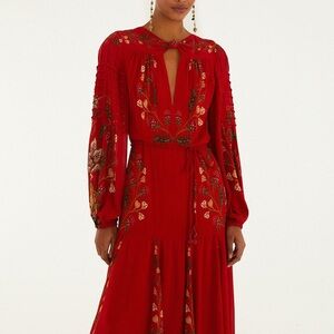 FARM Rio Red Berry Garden Long Sleeve Pleated Maxi Dress